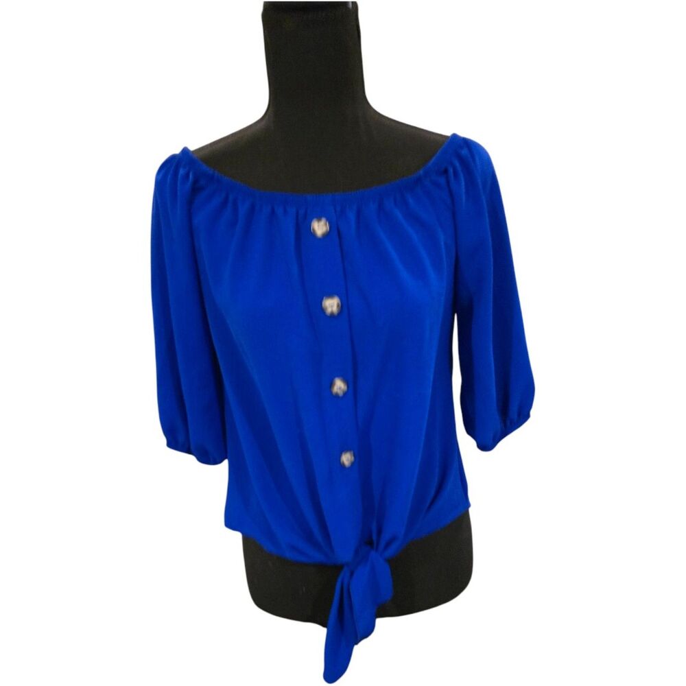 New Mode USA Blue Tie Front Blouse Size M EUC